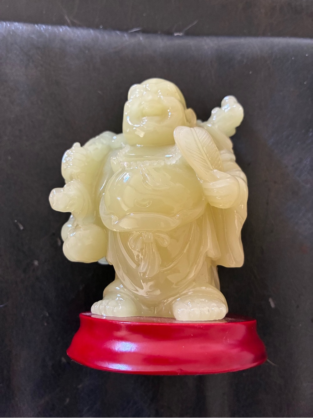 Light Green Jade Laughing Buddha Figurine on Real Wood Base